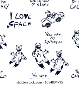 Cosmos patches seamless pattern design with funny boy and girl astronauts, cosmic electric car and the child of the galaxy inscription in doodle style. Cute kids cosmic print on black blue background.