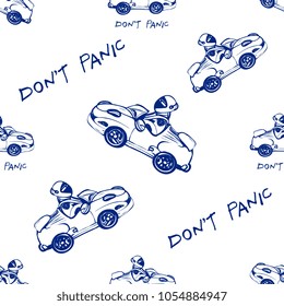 Cosmos patches seamless pattern design with electric space car, don't panic inscription in doodle style. Cute kids print with flying cosmic cars black blue on white  background.