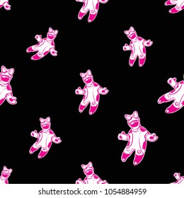 Cosmos patches seamless pattern design with girl astronaut in space suit with bow-knot in doodle style. Cute kids cosmic print pink on black background.
