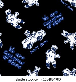 Cosmos patches seamless pattern design with cosmic electric car, astronauts and we are children of stars text in doodle style. Cute kids cosmic print on black blue background.