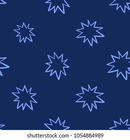 Cosmos patches seamless pattern design with big star in doodle style. Cute kids cosmic print on black blue background.