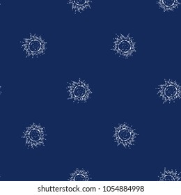 Cosmos patches seamless pattern design with sun in doodle style. Cute kids cosmic print on black blue background.