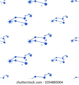 Cosmos patches seamless pattern design with constellation in doodle style. Cute kids cosmic print blue on white  background.