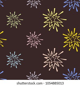Cosmos patches seamless pattern design with shiny star in doodle style. Cute kids cosmic print on black blue background.