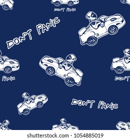 Cosmos patches seamless pattern design with electric space car, don't panic inscription in doodle style. Cute kids print with flying cosmic cars on black blue background.