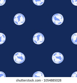 Cosmos patches seamless pattern design with planet Earth in doodle style. Cute kids cosmic print on black blue background.