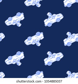 Cosmos patches seamless pattern design with cosmic electric car and astronaut in space suit in doodle style. Cute kids cosmic print with white space cars on black blue background.