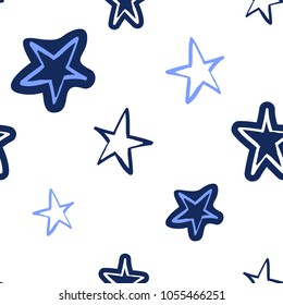 Cosmos patches seamless pattern design with cute little stars in doodle style. Cute kids cosmic print  blue on whte  background.
