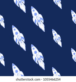 Cosmos patches seamless pattern design with flying rocket or space ship in doodle style. Cute kids cosmic print on black blue background.
