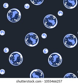 Cosmos patches seamless pattern design with planet Earth with moon in doodle style. Cute kids cosmic print on black blue background.