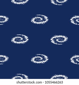Cosmos patches seamless pattern design with galaxy spiral in doodle style. Cute kids cosmic print on black blue background.