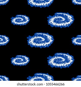 Cosmos patches seamless pattern design with galaxy spiral in doodle style. Cute kids cosmic print on black blue background.