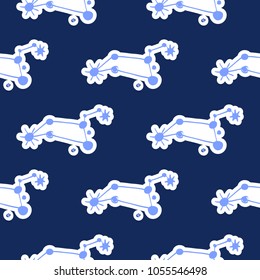 Cosmos patches seamless pattern design with constellation in doodle style. Cute kids cosmic print on black blue background.