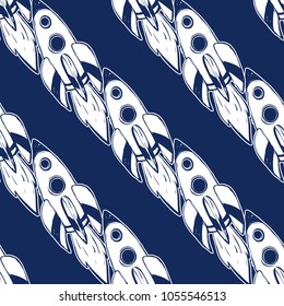 Cosmos patches seamless pattern design with flying rocket or space ship in doodle style. Cute kids cosmic print on black blue background.