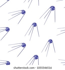 Cosmos patches seamless pattern design with retro satellite in doodle style. Cute kids cosmic print black on white background.