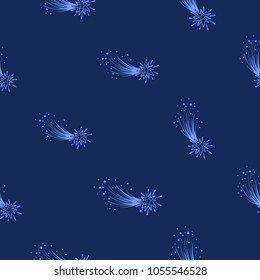 Cosmos patches seamless pattern design with comet in doodle style. Cute kids cosmic print on black blue background.