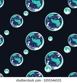 Cosmos patches seamless pattern design with planet Earth with moon in doodle style. Cute kids cosmic print on black blue background.