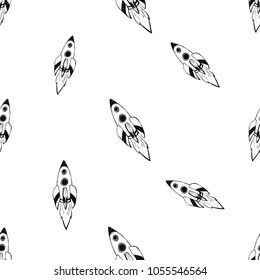 Cosmos patches seamless pattern design with flying rocket or space ship in doodle style. Cute kids cosmic print black on white background.
