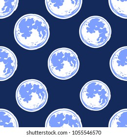 Cosmos patches seamless pattern design with moon in doodle style. Cute kids cosmic print on black blue background.
