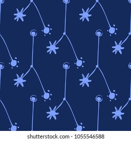 Cosmos patches seamless pattern design with star constellation in doodle style. Cute kids cosmic print on black blue background.