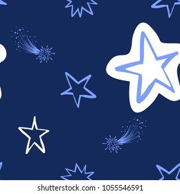 Cosmos patches seamless pattern design with shiny stars and comets in doodle style. Cute kids cosmic print on black blue background.