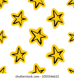 Cosmos patches seamless pattern design with star in doodle style. Cute kids cosmic print yellow black on white background.