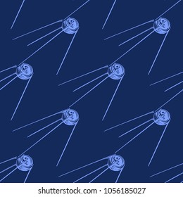 Cosmos patches seamless pattern design with retro satellite in doodle style. Cute kids cosmic print on black blue background.