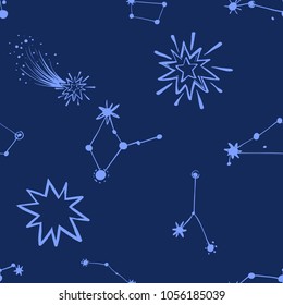 Cosmos patches seamless pattern design with comets, shiny stars, star constellation and groups, asterism, small bear constellation in doodle style. Cute kids cosmic print on black blue background.