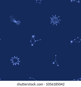 Cosmos patches seamless pattern design with comets, shiny stars, star constellation and groups, asterism, small bear constellation in doodle style. Cute kids cosmic print on black blue background.