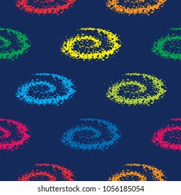 Cosmos patches seamless pattern design with galaxy spiral in doodle style. Cute kids cosmic print colorful on black blue background.