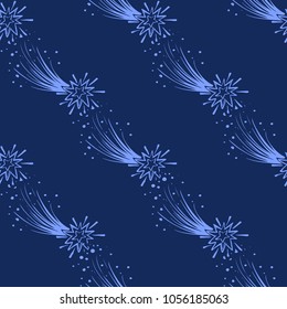 Cosmos patches seamless pattern design with comet in doodle style. Cute kids cosmic print on black blue background.