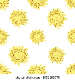 Cosmos patches seamless pattern design with sun in doodle style. Cute kids cosmic print yellow on white background.