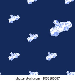 Cosmos patches seamless pattern design with cosmic electric car and astronaut in space suit in doodle style. Cute kids cosmic print with white space cars on black blue background.