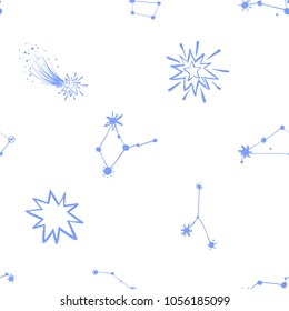 Cosmos patches seamless pattern design with comets, shiny stars, star constellation and groups, asterism, small bear constellation in doodle style. Cute kids cosmic print blue on white background.