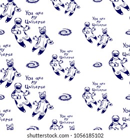Cosmos patches seamless pattern design with astronauts and galaxy spiral in doodle style. Cute kids cosmic print black on white background.