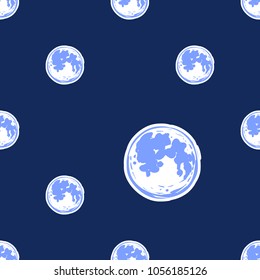 Cosmos patches seamless pattern design with moon in doodle style. Cute kids cosmic print on black blue background.