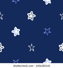Cosmos patches seamless pattern design with cute little stars in doodle style. Cute kids cosmic print on black blue background.