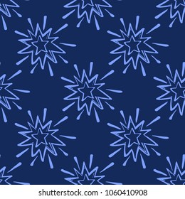 Cosmos patches seamless pattern design with shiny star in doodle style. Cute kids cosmic print on black blue background.