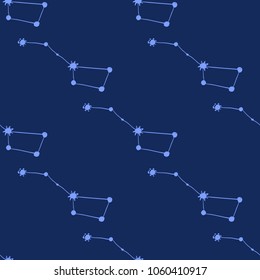 Cosmos patches seamless pattern design with small bear constellation in doodle style. Cute kids cosmic print on black blue background.
