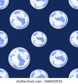 Cosmos patches seamless pattern design with planet Earth in doodle style. Cute kids cosmic print on black blue background.