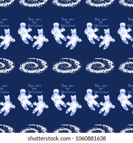 Cosmos patches seamless pattern design with astronauts and galaxy spiral in doodle style. Cute kids cosmic print on black blue background.