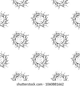 Cosmos patches seamless pattern design with sun in doodle style. Cute kids cosmic print  black on white background.