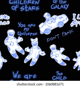 Cosmos patches seamless pattern design with funny boy and girl astronauts, cosmic electric car and the child of the galaxy inscription in doodle style. Cute kids cosmic print on black blue background.