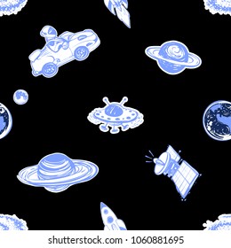 Cosmos patches seamless pattern design with ufo, galaxy spiral, earth and moon, Saturn, modern satellite, fly rocket, car in the space in doodle style. Cute kids cosmic print on black blue background.