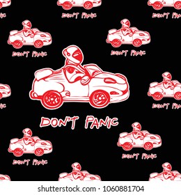 Cosmos patches seamless pattern design with cosmic electric car and don't panic inscription in doodle style. Cute kids cosmic print with white space cars red on black blue background.