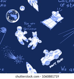 Cosmos patches seamless pattern design with astronauts, comet, earth and moon, satellites, flying rocket, cosmic electric car in doodle style. Cute kids cosmic print on black blue background.