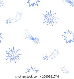 Cosmos patches seamless pattern design with falling stars, big star, comet, shiny star in doodle style. Cute kids cosmic print blue on white background.