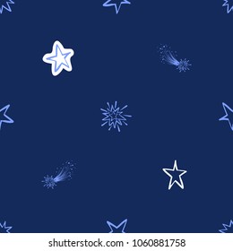 Cosmos patches seamless pattern design with shiny stars and comets in doodle style. Cute kids cosmic print on black blue background.