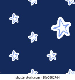 Cosmos patches seamless pattern design with star in doodle style. Cute kids cosmic print on black blue background.