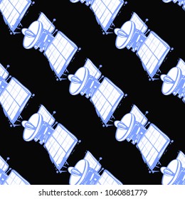 Cosmos patches seamless pattern design with modern satellite in doodle style. Cute kids cosmic print on black blue background.